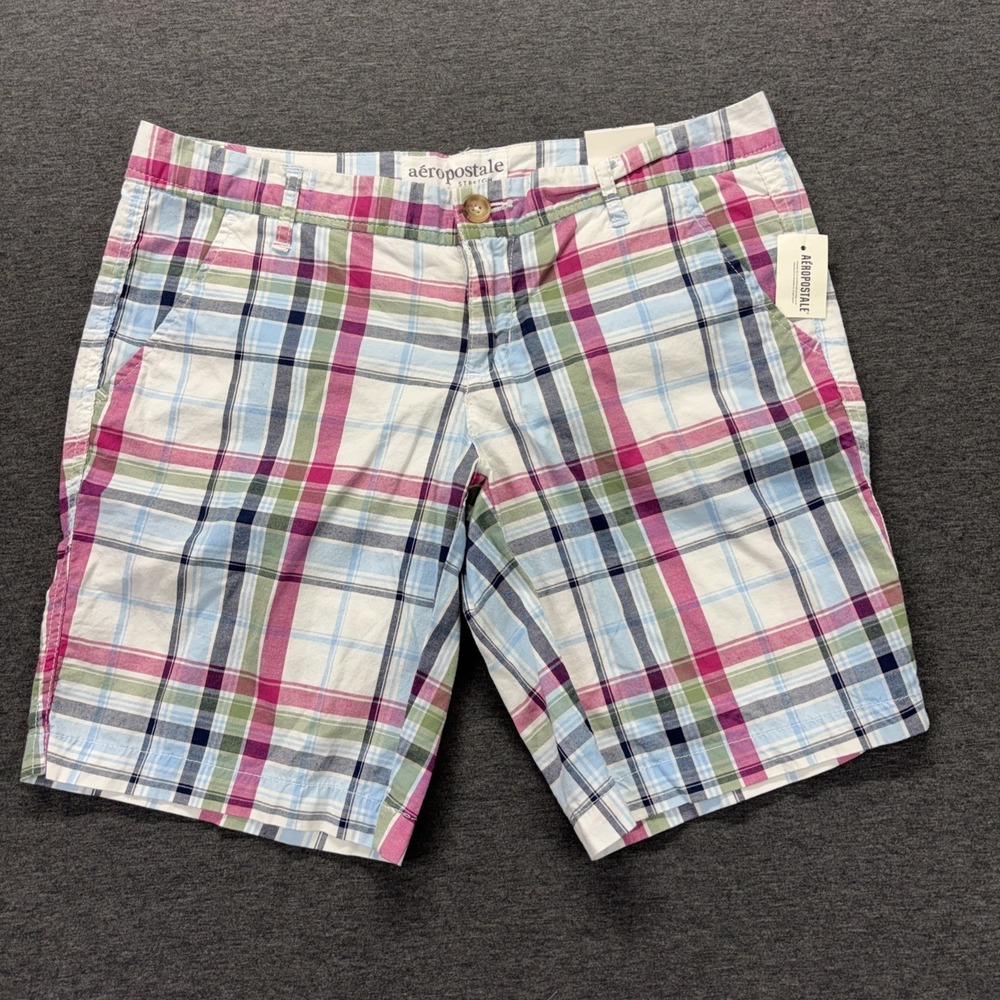 Aeropostale Stretch Plaid Chino Shorts Womens 7/8 Multicolor Preppy Beach NEW
